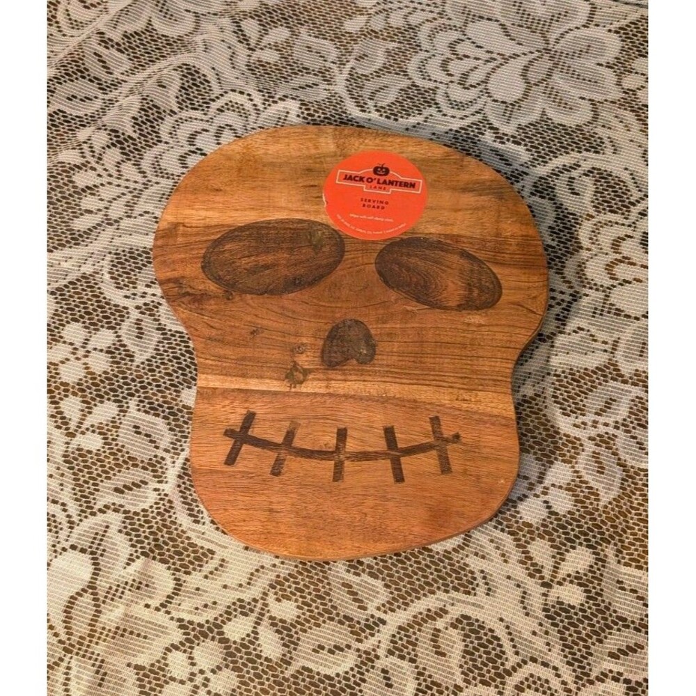 Halloween Jack O' Lantern Lane Wood Skull Serving Charcuterie Board 12"x10"